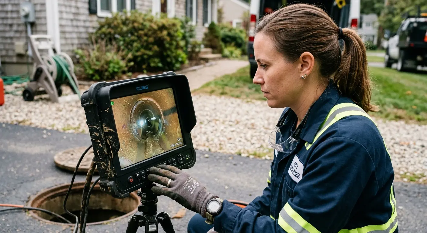 Technician reviewing sewer camera inspection footage in Clarksville